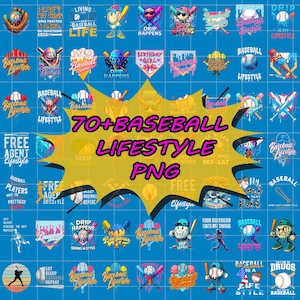 Puede incluir: Una colección de gráficos PNG con temática de béisbol con varios diseños, incluyendo pelotas de béisbol, bates y texto como "Baseball Lifestyle" y "Drip Happens". La imagen presenta una paleta de colores vibrantes con un fondo azul y acentos amarillos.