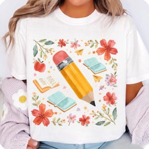Floral Teacher Pencil PNG, Coquette Teacher Back To School Png, 1st Day Of School Png, Boho Floral Teacher Png, Brushstroke, School Girl Png
