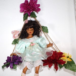 Porcelain African American  Doll  on a SWING 16"  (FAITH) #56