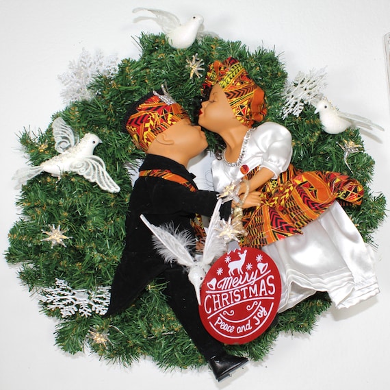 African American Porcelain Doll  Christmas Door Wreath 21" X 23"  (The King and his Queen)  #68