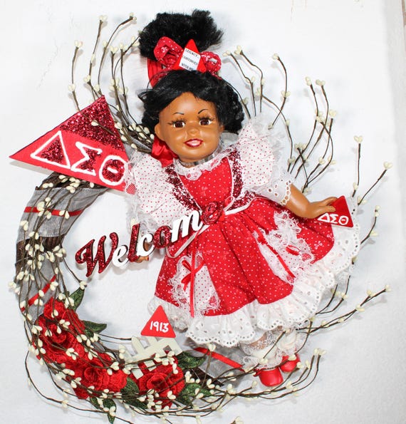African American Porcelain Soror Doll DOOR WREATH 15" Delta Sigma Theta (#99)