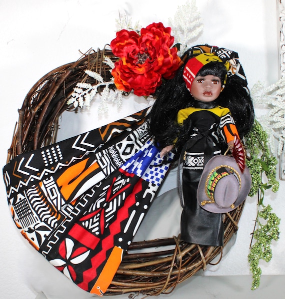 African American Porcelain Doll 18" WREATH...(Where Them Fans At?) #96
