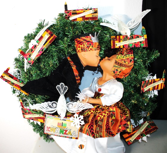 African American KWANZAA PRINCIPLES Door Wreath  w/ Porcelain Dolls  23" X 23"  (The King and his Queen)  #85