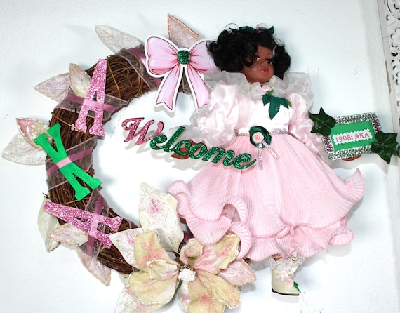 African American Porcelain Soror Doll DOOR WREATH 15"  (AKA)  #98
