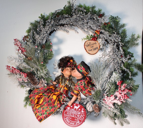 African American Porcelain Doll Christmas Wreath 24" X 24" (WELCOME to our HOME) #83