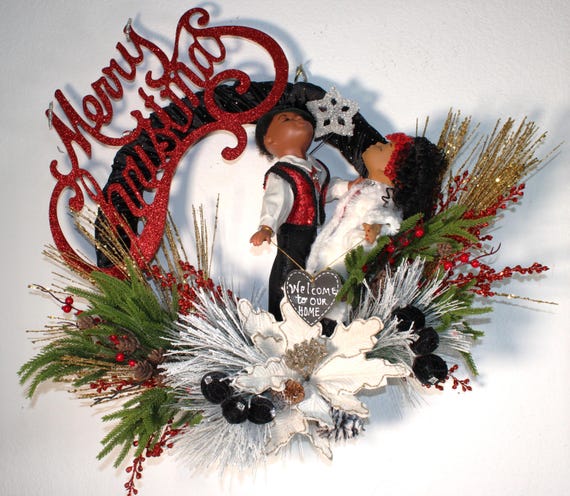 CHRISTMAS/WELCOME to our Home Door Wreath w/Kissing Porcelain Dolls 25" x 25" (#89)