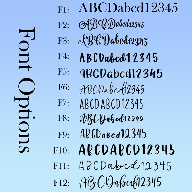 K&ouml;nnte beinhalten: Grafik mit Schriftoptionen, gekennzeichnet mit F1 bis F12, die jeweils den Text "ABCDabcd12345" in einem anderen Schriftstil zeigen. Die Worte "Font Options" sind vertikal auf der linken Seite des Bildes ausgerichtet.