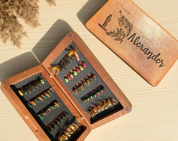 Personalized Wooden Fly Fishing Box, Laser Engraved Jig Box, Fishing Gear, Custom Name Tackle Box, Fishing Gift, Gift for him/Father