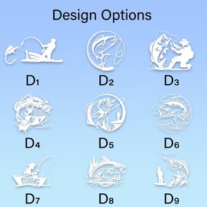 K&ouml;nnte beinhalten: Neun wei&szlig;e Designoptionen zum Thema Angeln vor einem blauen Farbverlaufshintergrund. Die Designs zeigen Fische, Angler und Boote. Der Text "Design Options" befindet sich oben im Bild.