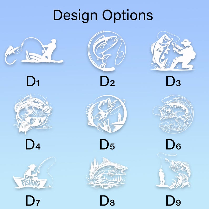K&ouml;nnte beinhalten: Neun wei&szlig;e Designoptionen zum Thema Angeln vor einem blauen Farbverlaufshintergrund. Die Designs zeigen Fische, Angler und Boote. Der Text "Design Options" befindet sich oben im Bild.