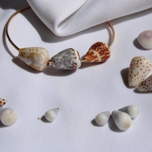 May include: A thin gold-toned metal bangle bracelet featuring three distinct cone-shaped seashells in shades of tan, gray, and brown, surrounded by a collection of loose, small, smooth, and spotted seashells scattered across the white surface.