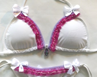 KAWAII BIKINI White Scrunch Bottom Brazilian Bikini Ddgl Lolita Fashion Pink Lavender Ruffles Bows Custom Swimsuit Bridal Hoymoon Swimwear