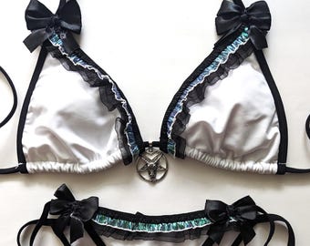 PASTEL GOTH BIKINI White Triangle Brazilian Bikini Black Iridescent Ruffles Satin Bows Lolita Kawaii Festival Swimsuit Victorian Gothic Emo