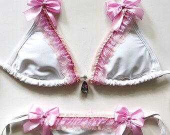 LOLITA BIKINI White Scrunch Bottom Brazilian Bikini Pastel Pink Lavender Bridal Wedding Honeymoon Ddlg Ruffle Bows Cheeky Jeweled Swimsuit