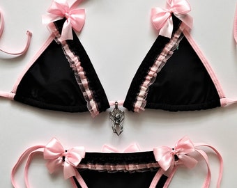 PASTEL GOTH BIKINI Black Scrunch Bottom Brazilian Bikini Pink Ruffles Bows Death Spider Skull Pendant Victorian Gothic Lolita Ddlg Swimsuit
