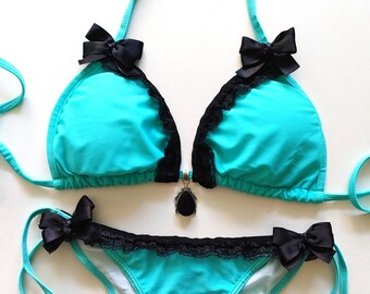 PASTEL GOTH BIKINI Scrunch Brazilian Bikini Gothic Lolita Swimsuit Aqua Black Ruffles & Satin Bows Kawaii Harajuku Fashion Ddlg Rococo
