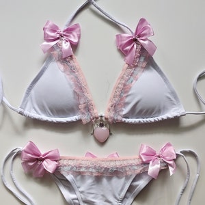 LOLITA BIKINI White Scrunch Bottom Brazilian Bikini Pastel Pink Blue Bridal Wedding Honeymoon Ddlg Ruffle Bows Heart Cheeky Tiny Swimsuit