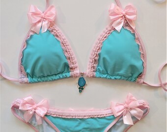KAWAII BIKINI Pink Scrunch Bottom Brazilian Bikini Triangle Swimsuit Rococo Ddlg Candy Couture Pageant Fairy Kei Princess Custom Swimsuit