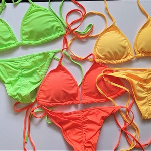 BRAZILIAN BIKINI Cheeky Scrunch Pucker Bottom Bikini 3 Solid Colors Lime Green Orange Yellow Swimsuit Sexy Low Rise Adjustable String Bikini