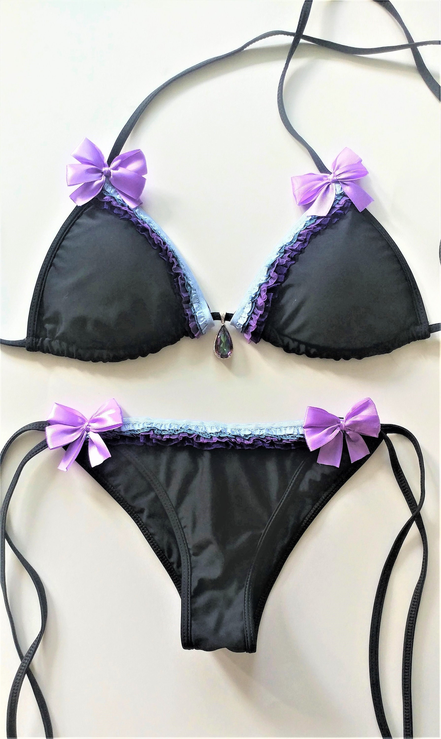 PASTEL GOTH BIKINI Black Brazilian Scrunch Bottom Swimsuit Lavender Ruffles Bows Gothic Lolita Ddlg Kawaii Fairy Grunge Harajuku Rococo Noir