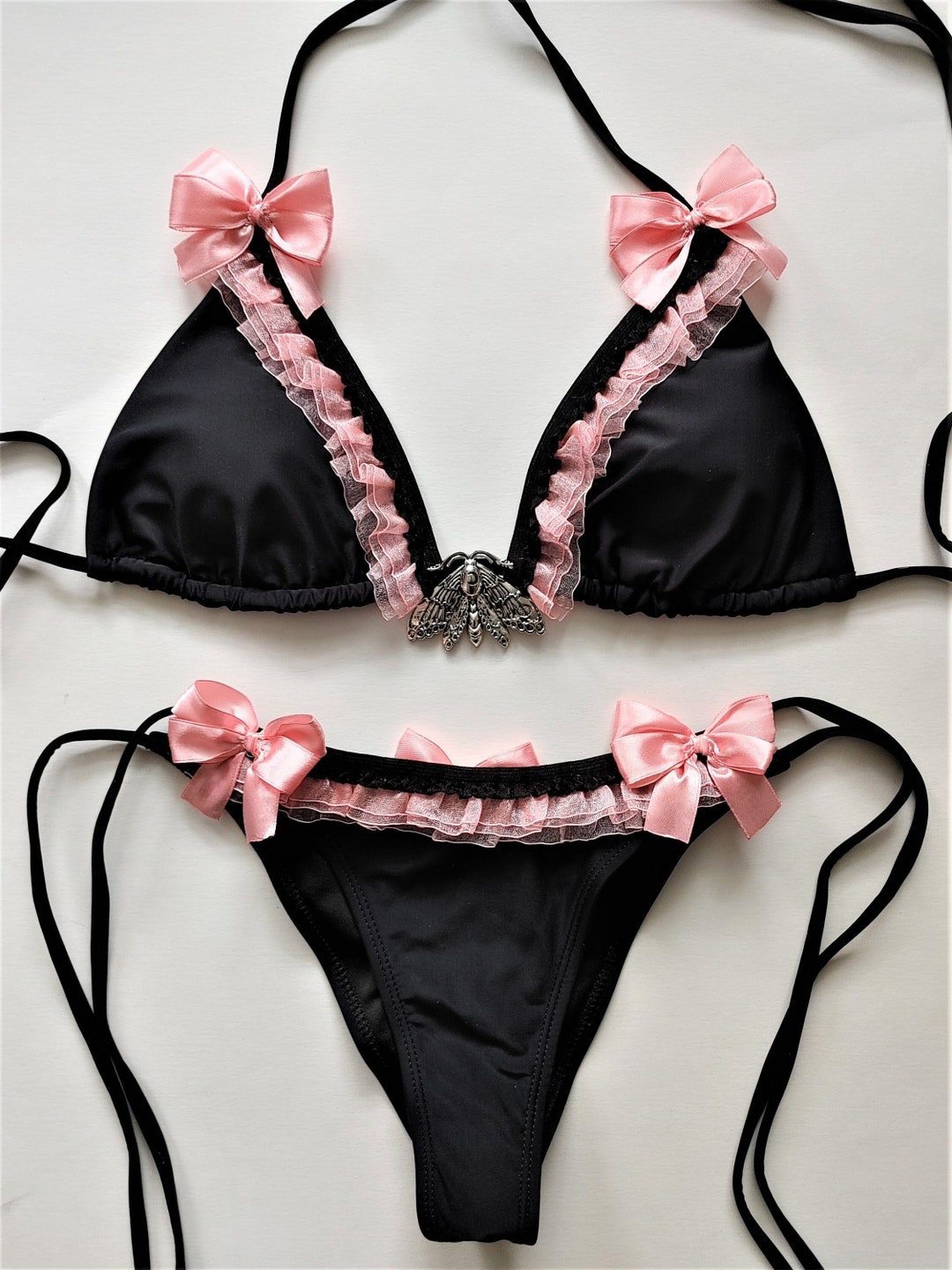 PASTEL GOTH BIKINI Black Scrunch Bottom Brazilian Swimsuit Pink Ruffles