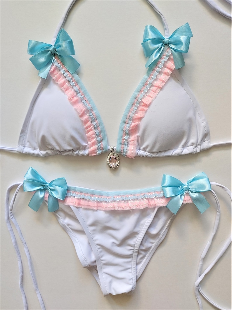 SWEET LOLITA BIKINI White Scrunch Brazilian Bikini Pastel Pink Bikini Bridal Wedding Honeymoon Decora Lolita Ruffle Bows Swimsuit Ddlg 