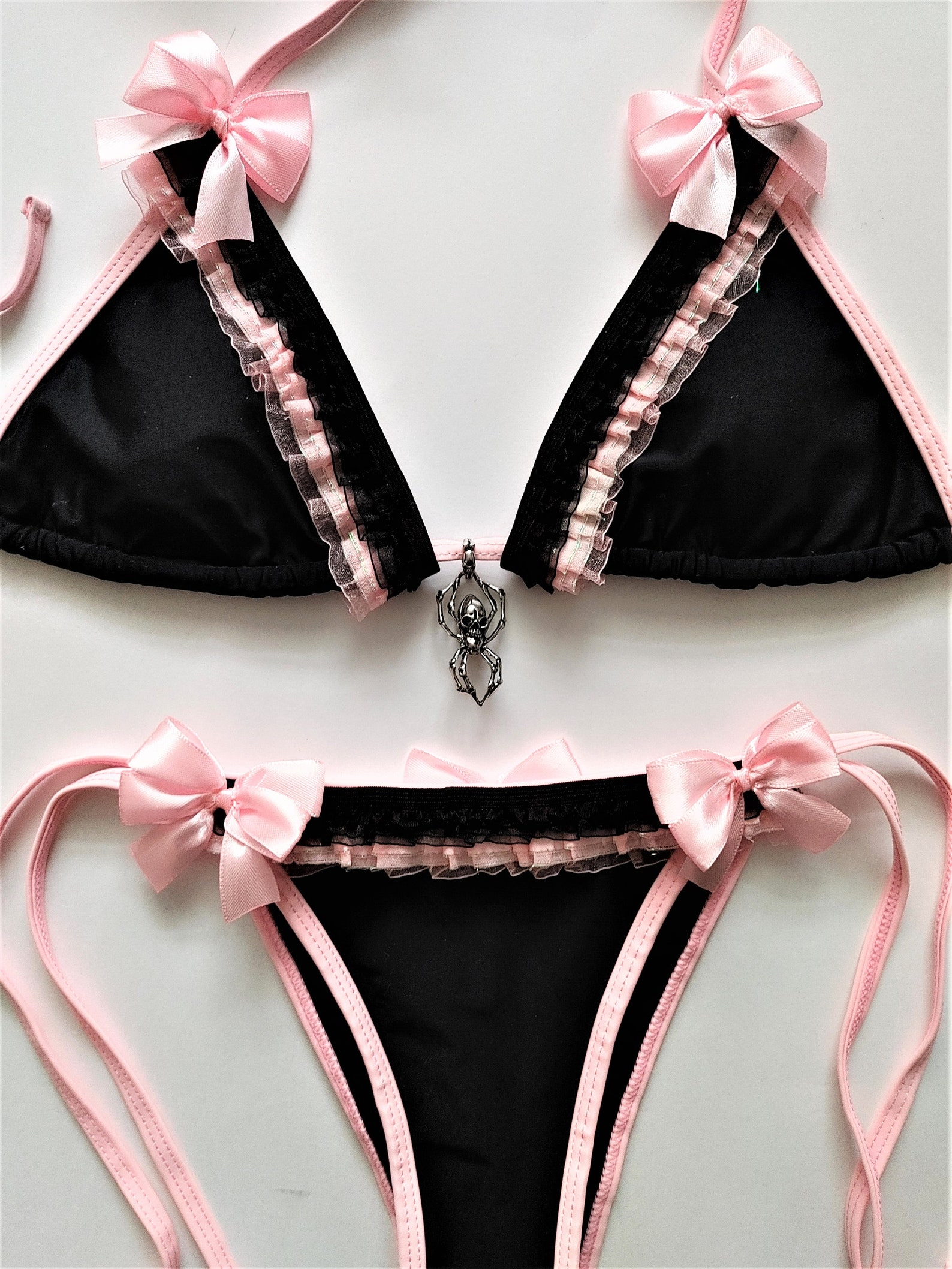 PASTEL GOTH BIKINI Black Scrunch Bottom Brazilian Bikini Pink Ruffles