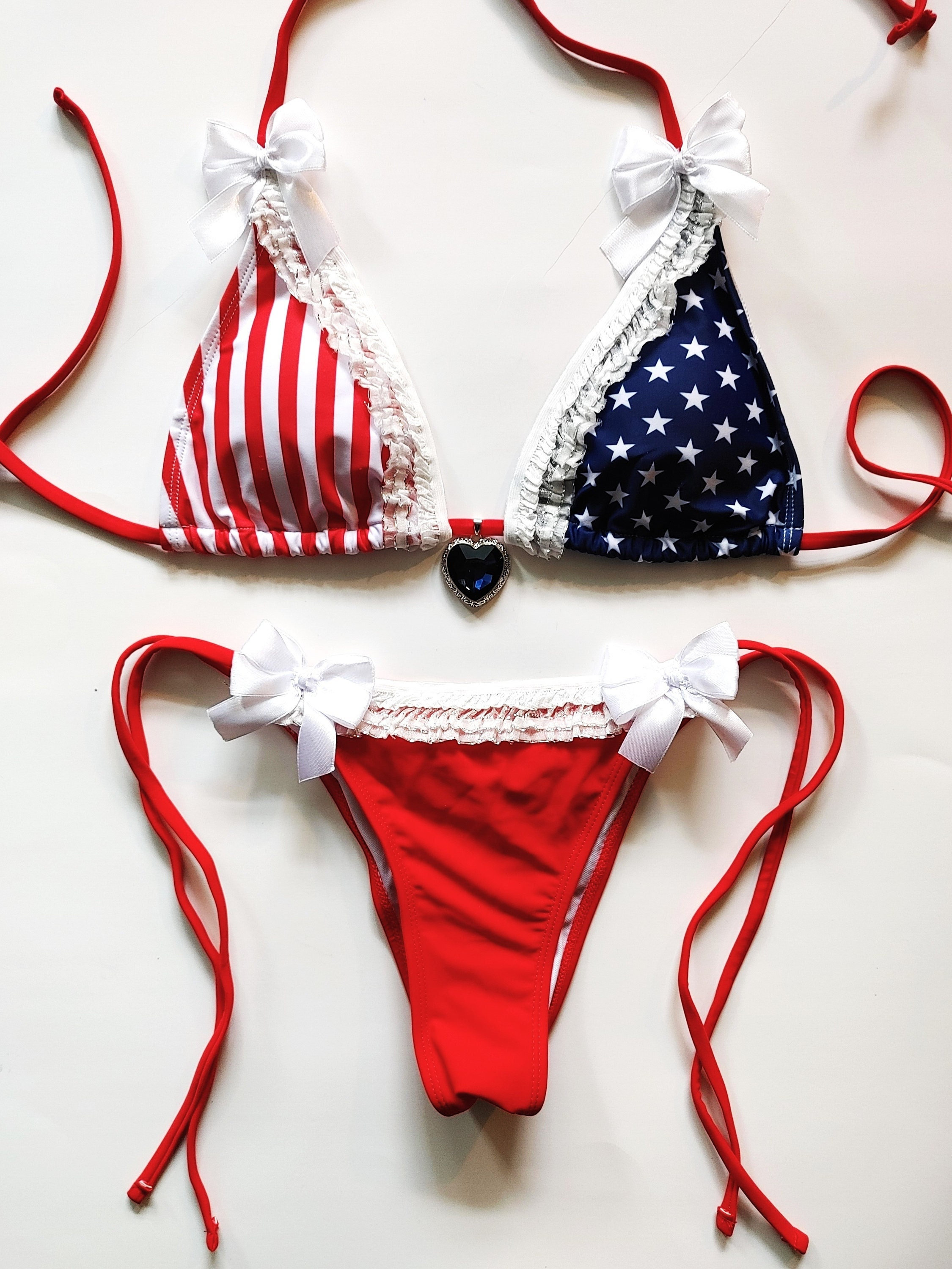AMERICANA Red White Blue Stars Stripes Brazilian Bikini  Flag Patriot Great America Swimsuit USA Swimwear  Fourth of July 4th Cheeky Ddlg