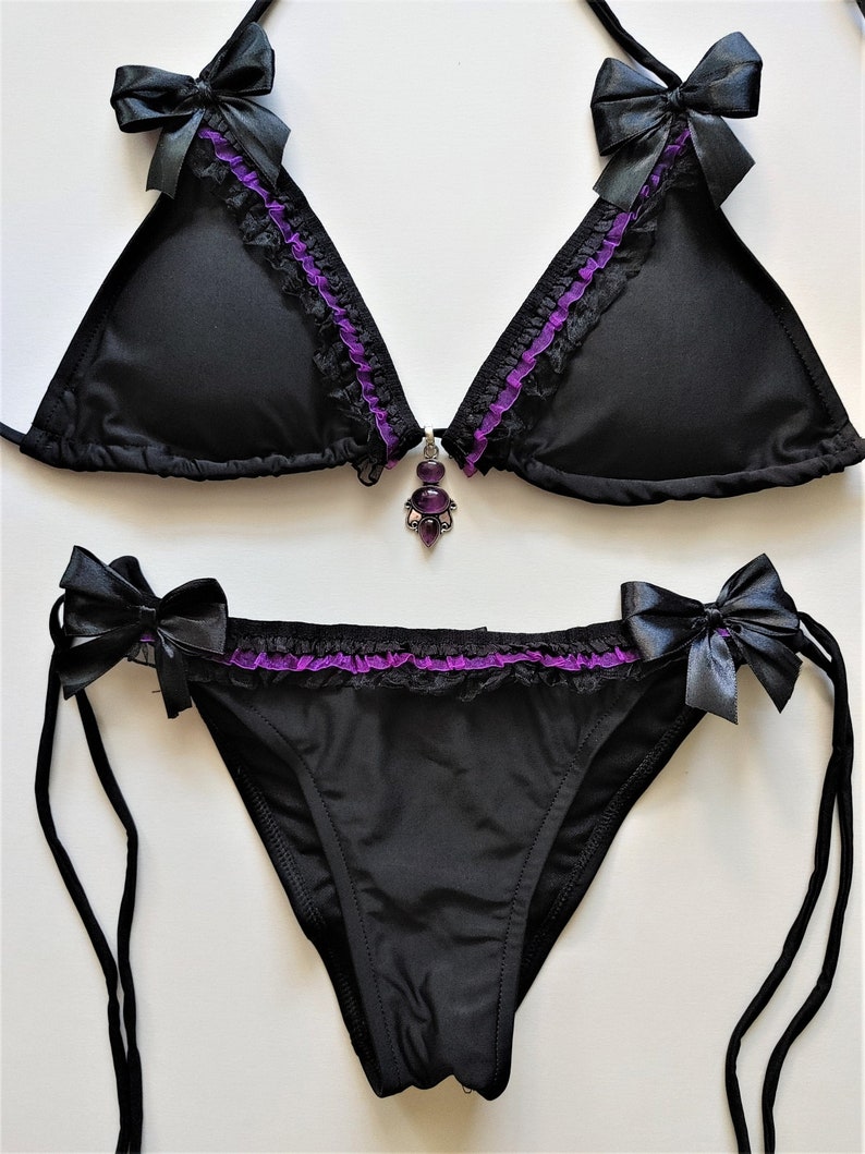 VAMPIRE GOTH BIKINI Scrunch Bottom Brazilian Bikini Ddlg Lolita Victorian Gothic Steampunk Cheeky Ruffle Custom Swimsuit Black Purple  S 