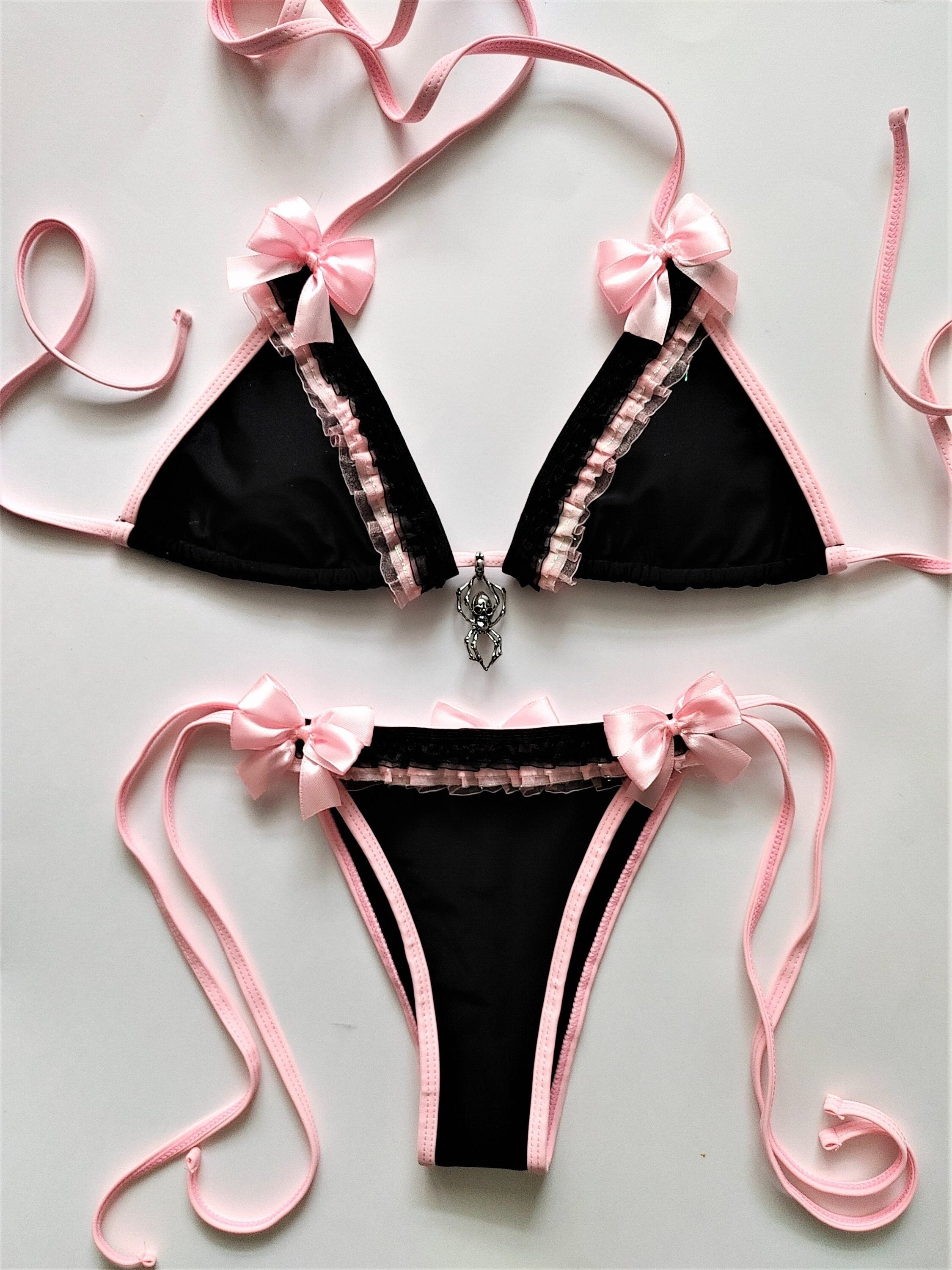 PASTEL GOTH BIKINI Black Scrunch Bottom Brazilian Bikini Pink Ruffles Bows  Death Spider Skull Pendant Victorian Gothic Lolita Ddlg Swimsuit - Etsy