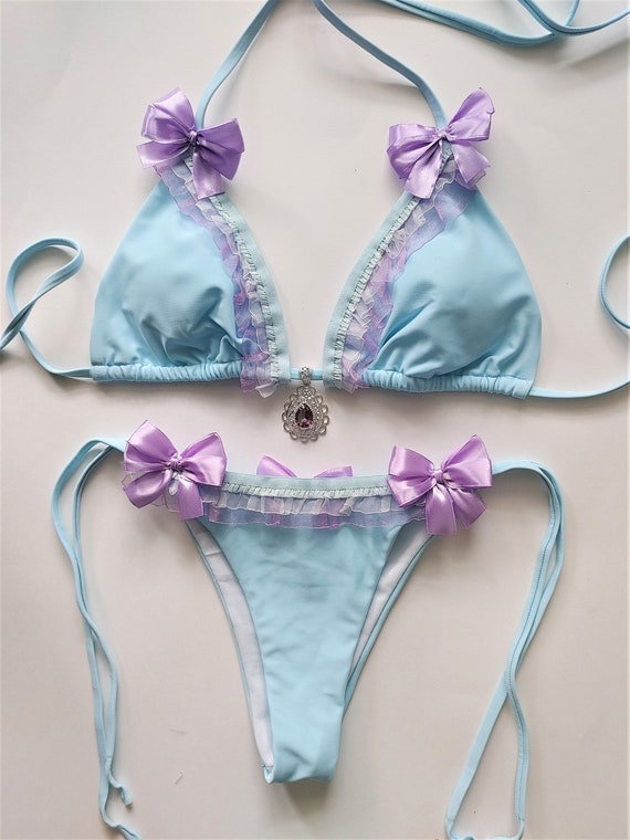 CHEEKY BIKINI Baby Blue Triangle Bikini Lavender Ruffles Bows Kawaii  Swimsuit Rococo Ddlg Lolita Pastel Goth Fairy Princess Gemstone Pendant -   Canada