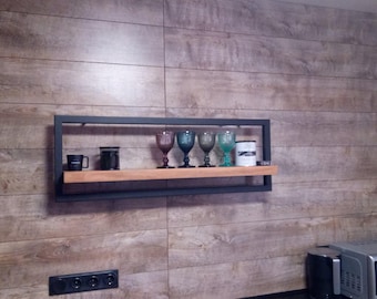 Industrial Metal and Wood Wall Shelf, Farmhouse Bookshelf with Solid Wood Shelves, Iron Pipe Frame, Modern Bar Shelf, Open Kitchen Shelving