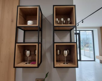 Estante de pared industrial de metal y madera, cubo de almacenamiento moderno, estante de madera biselada, estante de madera rústica, estante de madera teñida, estante de madera estilo granja