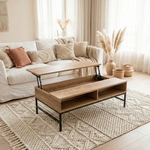 Wood Coffee Table with Lifting Top and Storage for Living Room, Modern Smart Desk