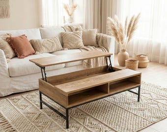Mesa de centro de madera con tapa elevable y espacio de almacenamiento para sala de estar, escritorio moderno e inteligente.