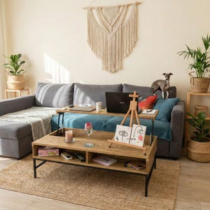 May include: A living room with a grey sofa, a wooden coffee table, and a laptop. A small dog is on the sofa. The coffee table has a lift-top design and a lower shelf. Macrame wall hanging and potted plants complete the decor.