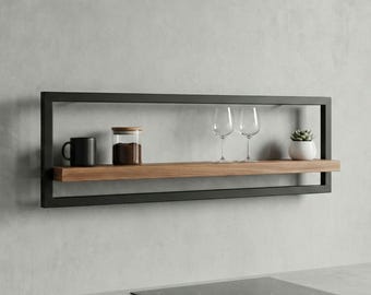 Estante flotante de madera de roble hecho a mano, con estructura de metal negro, decoración de pared industrial.