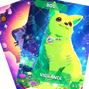 Peut inclure: Deux cartes à collectionner colorées avec des illustrations d'animaux de dessins animés. L'une représente un chien vert avec un collier orné de bijoux, le mot "DOG" en haut et "VIGILANCE" en bas. L'autre carte présente un chat avec un fond coloré.