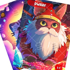 May include: Two fantasy art cards featuring a cat dressed as a dwarf. The cat is wearing a red hat and beard, with the word "DWARF" at the top. The second card shows a cat in a purple and pink background. The cards have the text "PAW PRINT PROXY" on them.