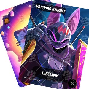 Pode incluir: Duas cartas de arte fantástica. A carta superior diz "VAMPIRE KNIGHT" e "LIFELINK". O cavaleiro usa uma armadura escura com uma viseira e um escudo roxos. O fundo é uma mistura de roxo, rosa e azul.