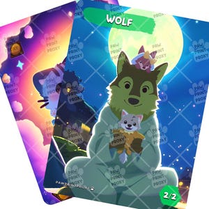 May include: Two illustrated cards featuring cartoon wolves. One card has a wolf in a green robe with a small wolf plush. The other card has a wolf silhouette against a colorful sky. The word "WOLF" is at the top of one card.