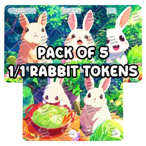 May include: A pack of five 1/1 rabbit tokens. Each token features a different illustration of a white rabbit with pink-lined ears, set against a vibrant green and blue background. The text "PACK OF 5" and "1/1 RABBIT TOKENS" are displayed.