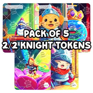 Pode incluir: Pacote de 5 fichas de Cavaleiro 2/2. A imagem apresenta ilustrações coloridas de vários personagens de desenhos animados em armadura de cavaleiro. As fichas têm um tema de fantasia, com cores vibrantes e designs extravagantes. O texto "PACK OF 5" e "2/2 KNIGHT TOKENS" é exibido.