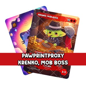 Könnte beinhalten: Zwei Sammelkarten. Eine zeigt einen Cartoon-Kobold im Anzug mit der Aufschrift "Krenko, Mob Boss" mit braunem Hintergrund. Die andere Karte hat einen lila-rosa Hintergrund mit einer katzenartigen Figur.
