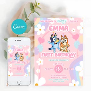 Blauer Hund rosa Regenbogen Daisy Mädchen erste 1.Geburtstags-Einladung, blauer Hund rosa Regenbogen-Mädchen-Party-Einladung, blauer Hund Geburtstagseinladung