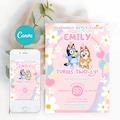 Blue Dog TWO-EY 2nd Birthday Invitation, Blue Dog Rainbow Daisy Pink Girl Party, Blue Dog Girl 2nd Birthday Party Invitation