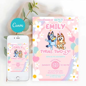Blauwe hond TWO-EY 2e verjaardagsuitnodiging, blauwe hond regenboog madeliefje roze meisjesfeest, blauwe hond meisje 2e verjaardagsuitnodiging
