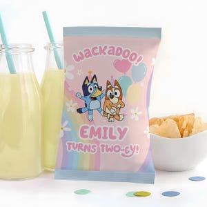 Blauer Hund Pink Daisy Regenbogen Chip Taschen Label