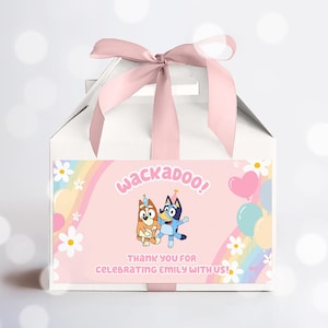 Blauer Hund Rosa Daisy Giebel Box Label, Blauer Hund Regenbogen Gänseblümchen Rosa Mädchen Party Giebel Box Label