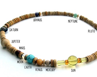 Solar System Necklace, Cosmogram, Gemstone Planets, Wood Heishi Beads